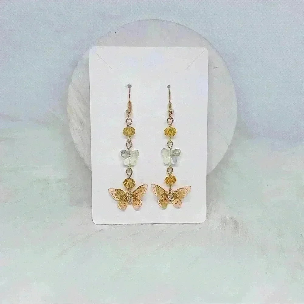 Butterfly Charm Drop Earrings in Yellow Gold